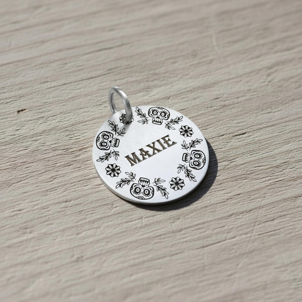 Sugar Skull Dog Tag | Custom Engraved Floral Pet ID, styled view
