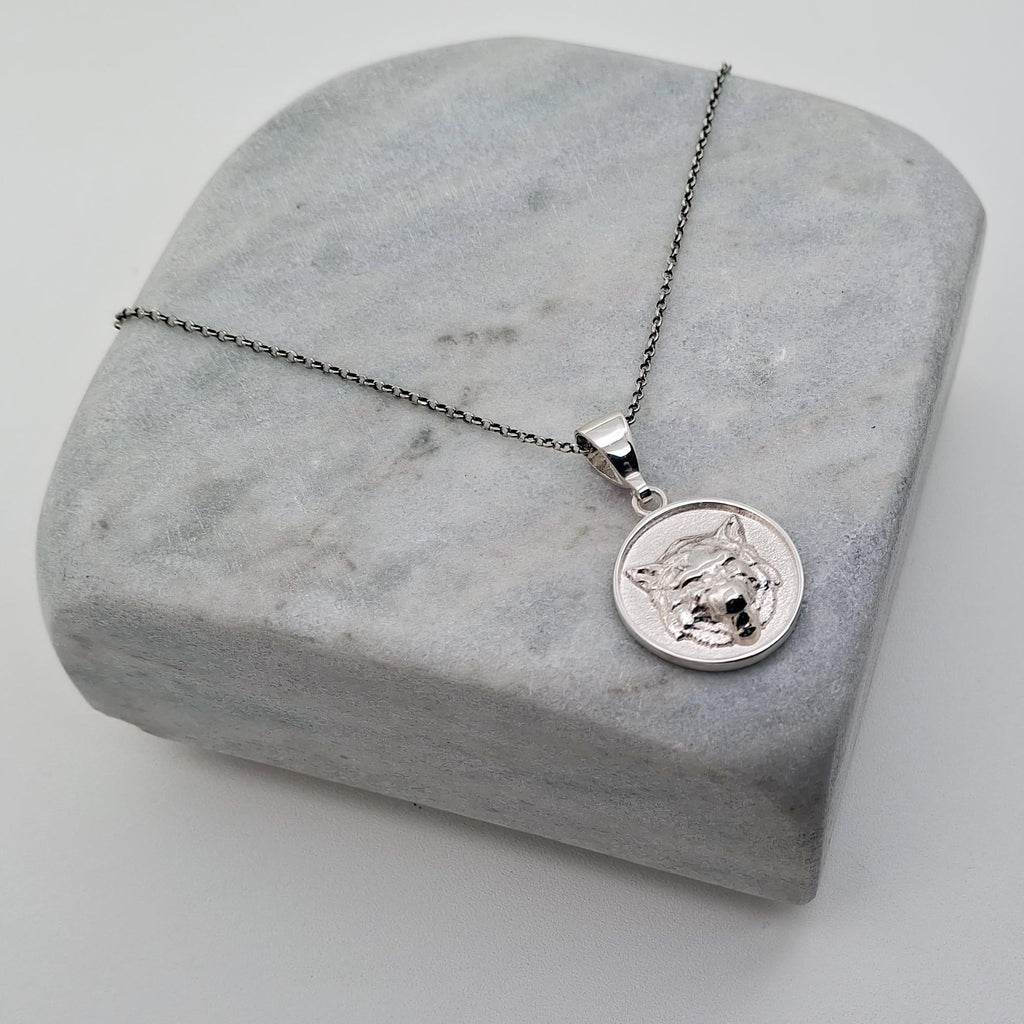 Howling Wolf Necklace - Sterling Silver Wild Spirit Medallion, front view
