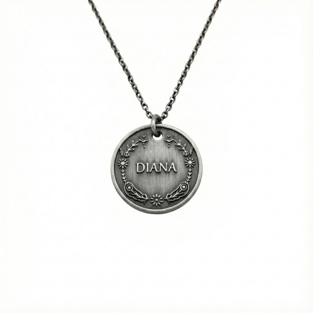 Vintage Style Name Necklace | Floral Crest Medallion, styled view