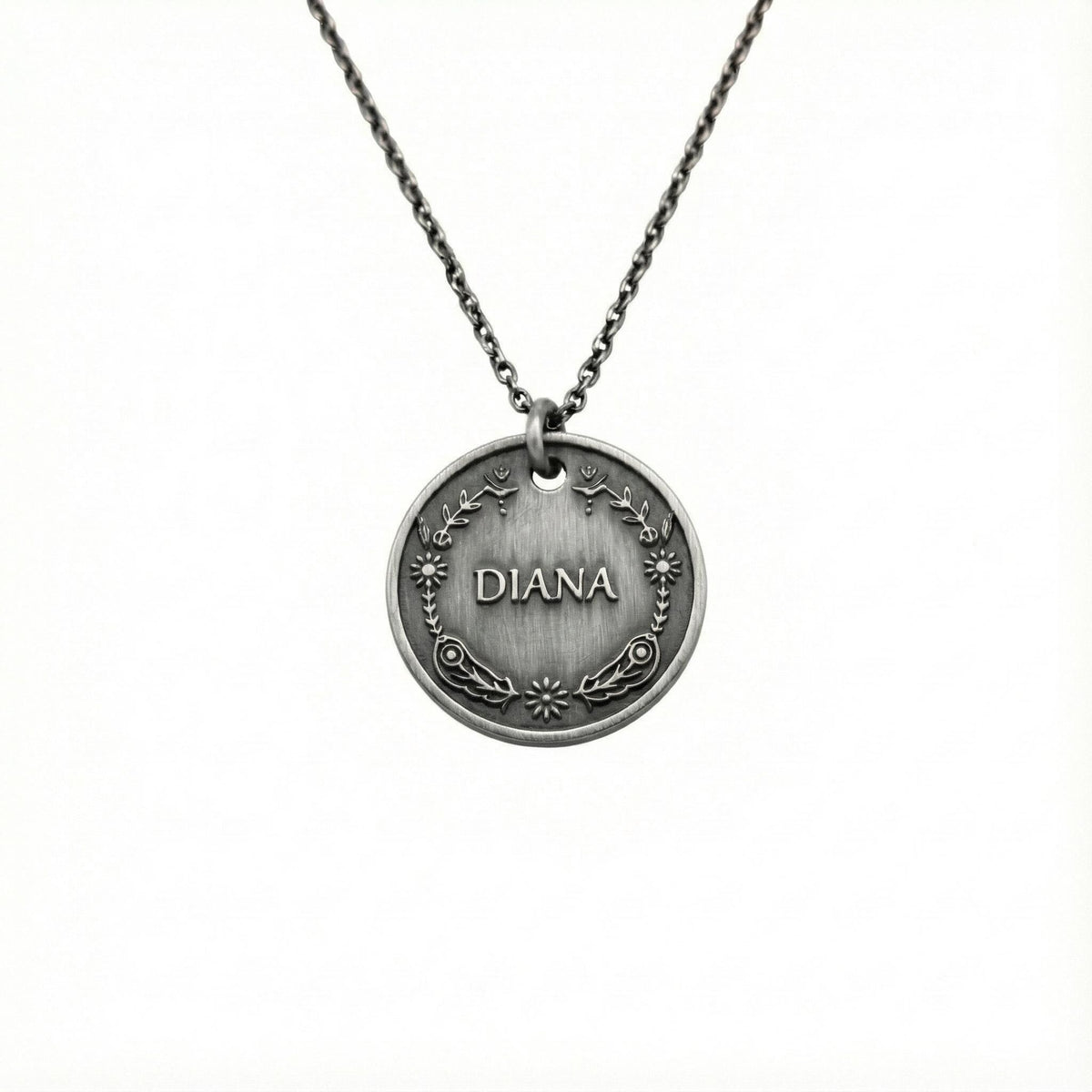 Vintage Style Name Necklace | Floral Crest Medallion, styled view