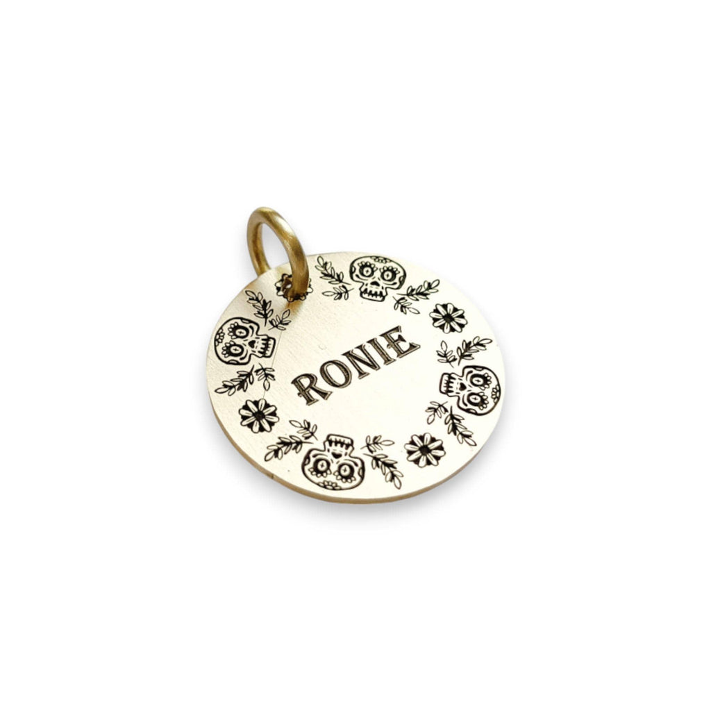 The Calavera Wreath Token | Artisan Floral Sugar Skull Pet ID & Custom Engraved Dog Tag, additional detail