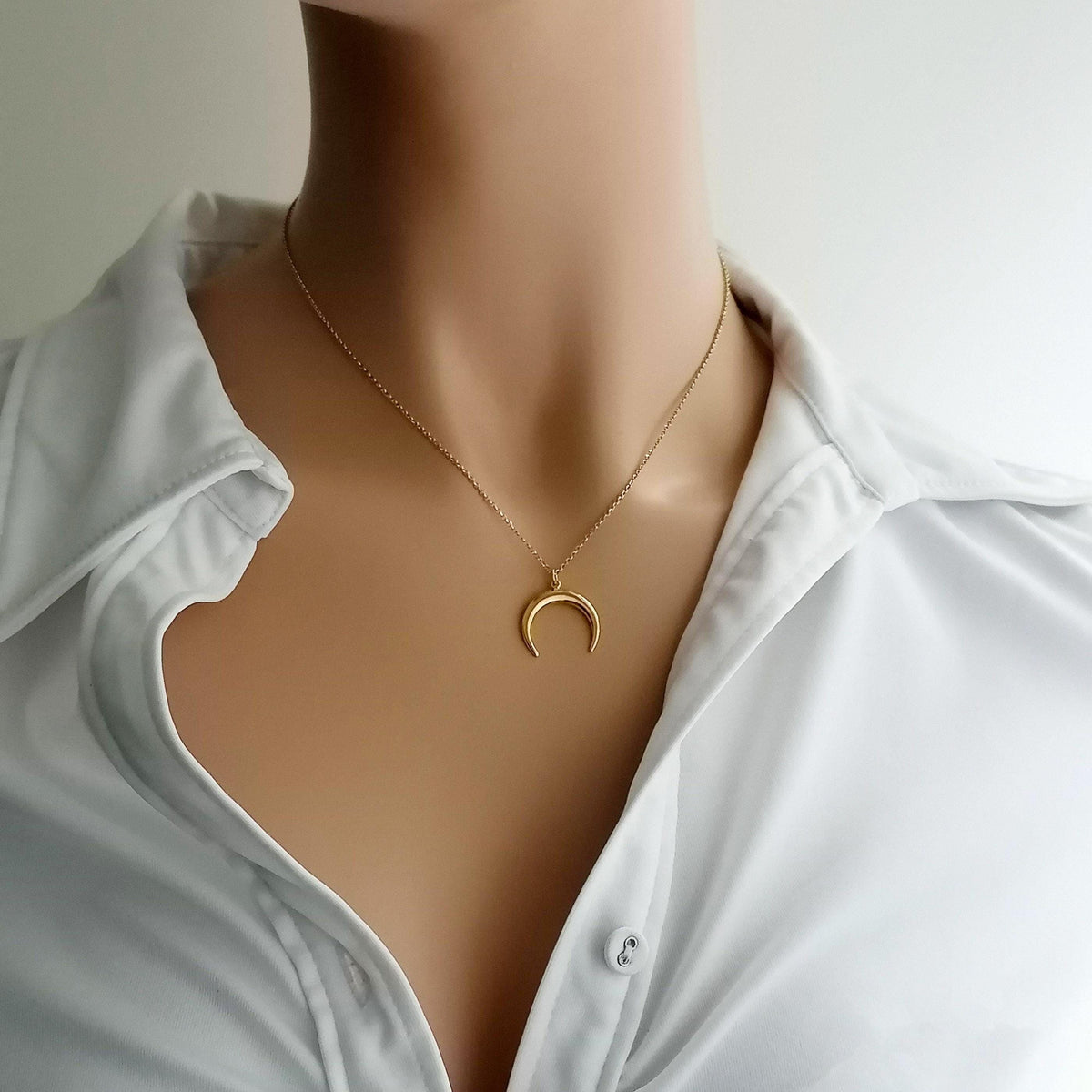 Double Horn Necklace | 14K Solid Gold Crescent Moon Pendant | Protection Charm, alternate angle