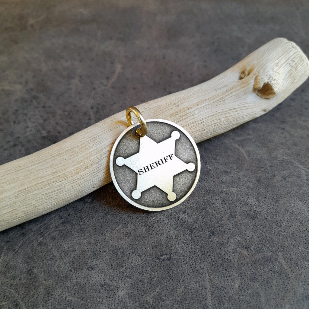 The Sheriff Token | Artisan Star Badge Pet ID & Custom Engraved Dog Tag, close-up detail