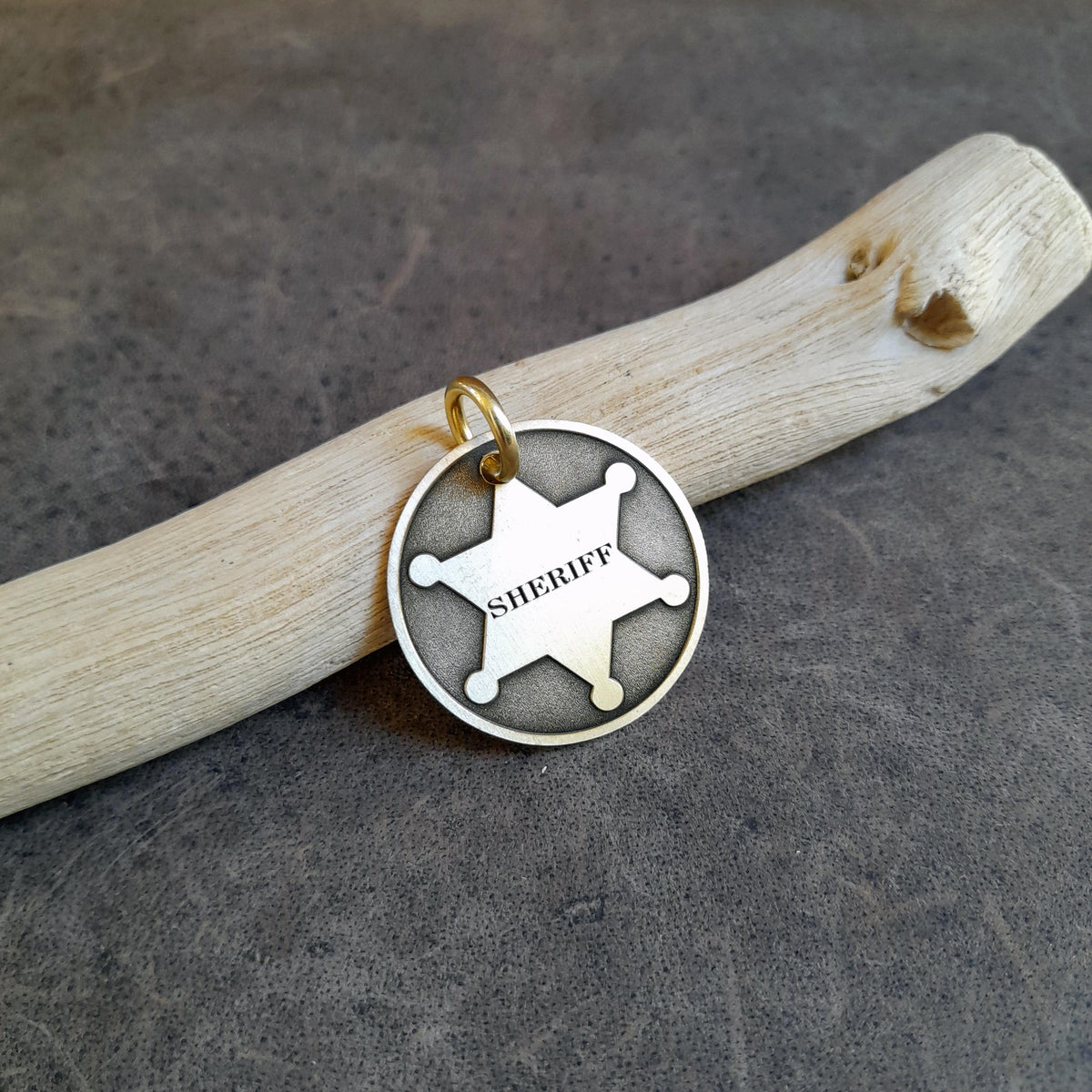 The Sheriff Token | Artisan Star Badge Pet ID & Custom Engraved Dog Tag, close-up detail