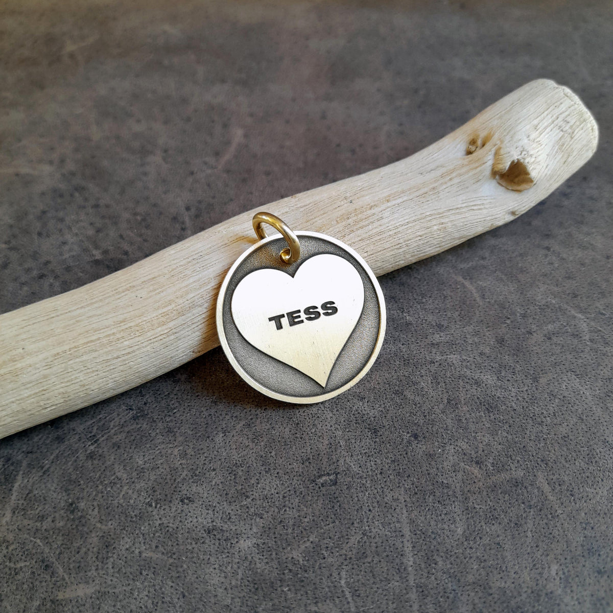 The Devotion Heart Token | Artisan Love Pet ID & Custom Engraved Dog Tag, close-up detail