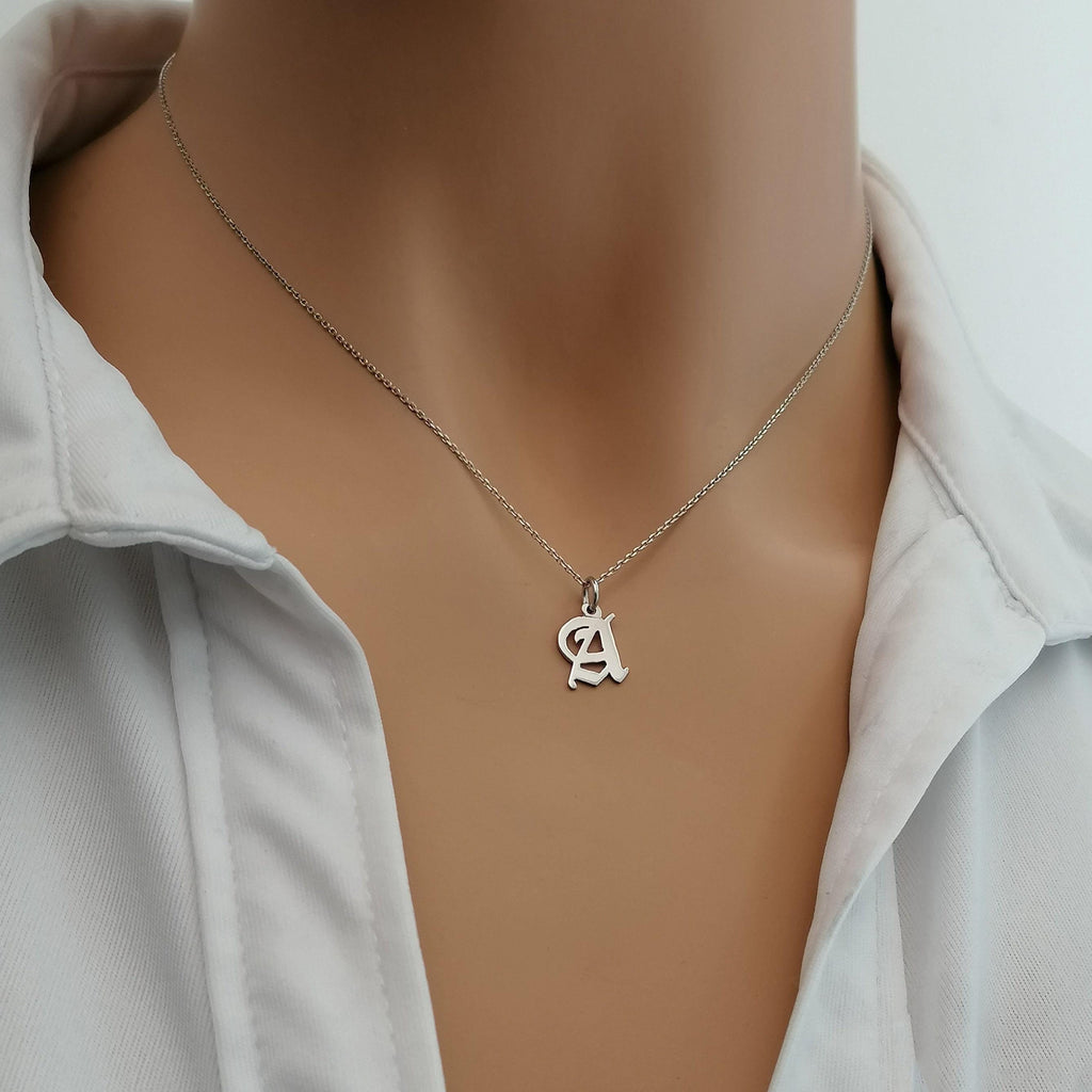 Old English Initial Necklace | Custom Gothic Letter Talisman, styled view
