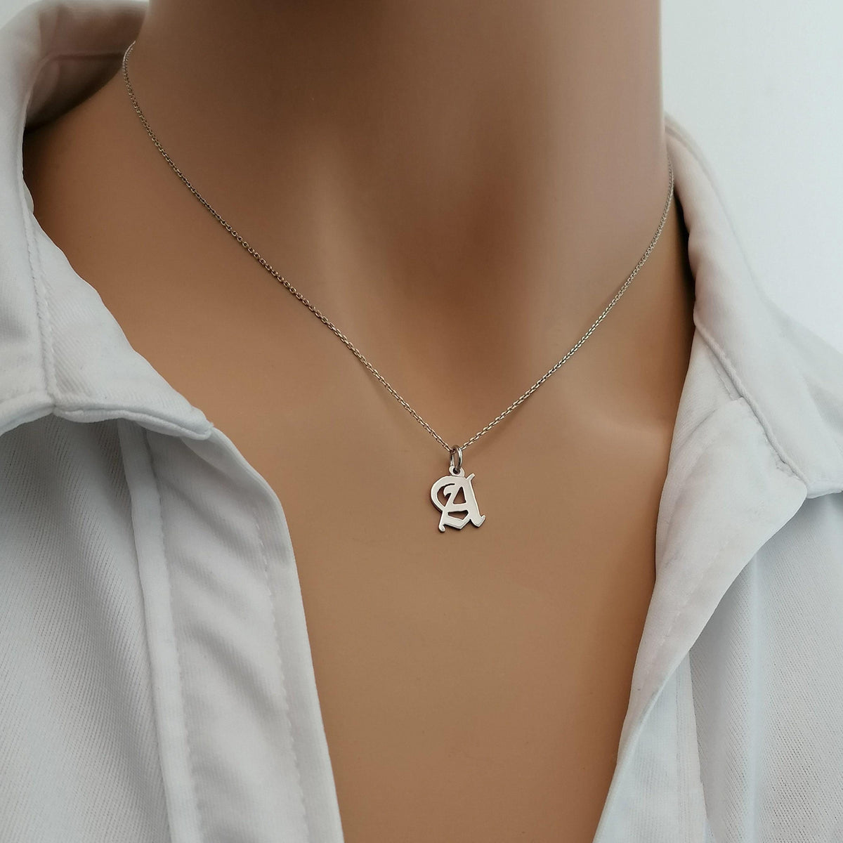 Old English Initial Necklace | Custom Gothic Letter Talisman, styled view