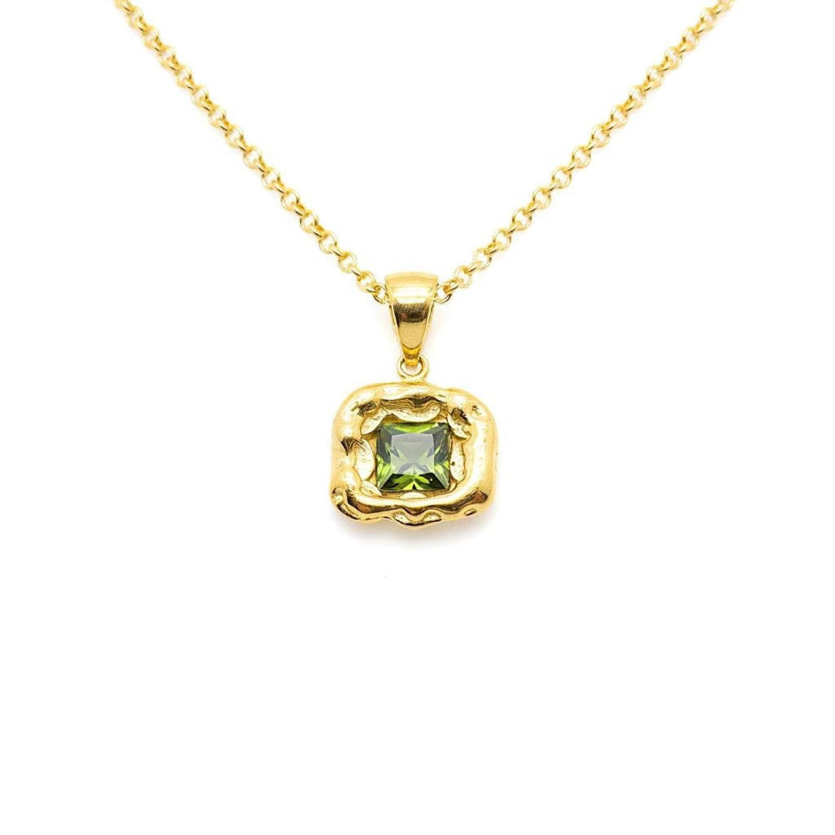 Olive Green CZ Pendant | Forest Earth Talisman, in Yellow Gold Plated finish