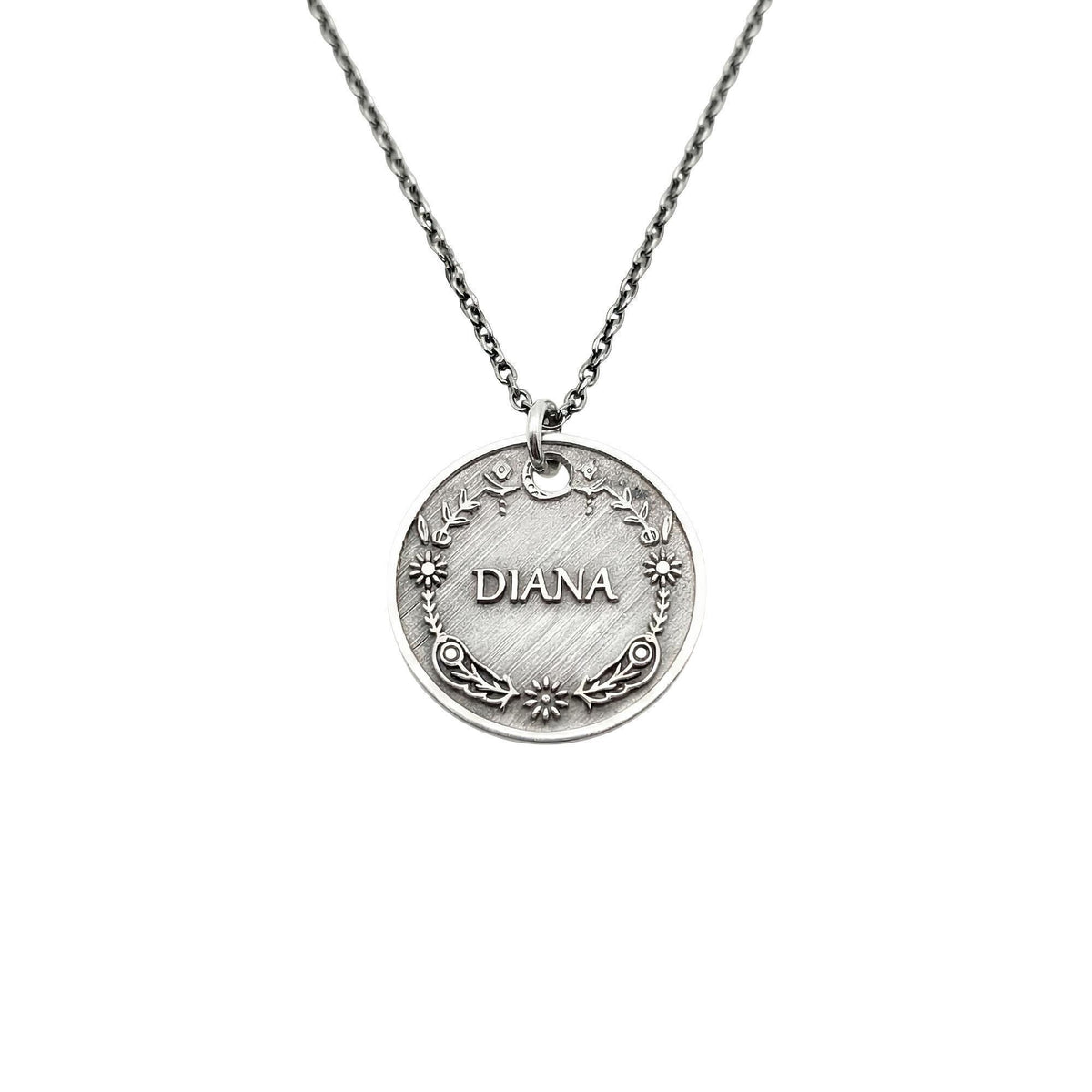 Vintage Style Name Necklace | Floral Crest Medallion, front view