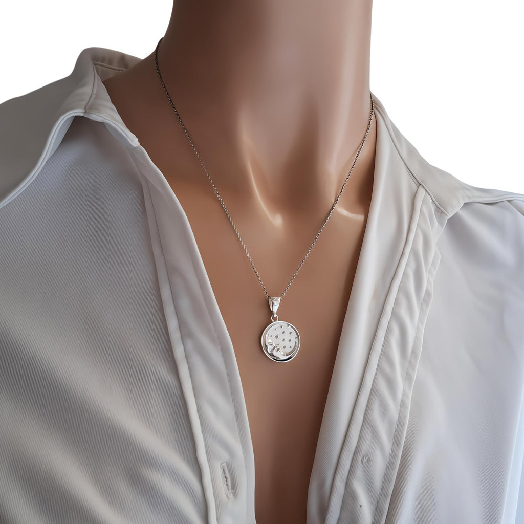 Celestial Medallion Necklace | Moon & Stars Talisman, close-up detail