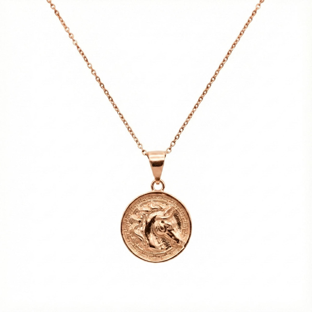 Horse Medallion Necklace | Sterling Silver Equestrian Pendant with Greek Key Border | Custom Engraved, in Rose Gold Plated finish
