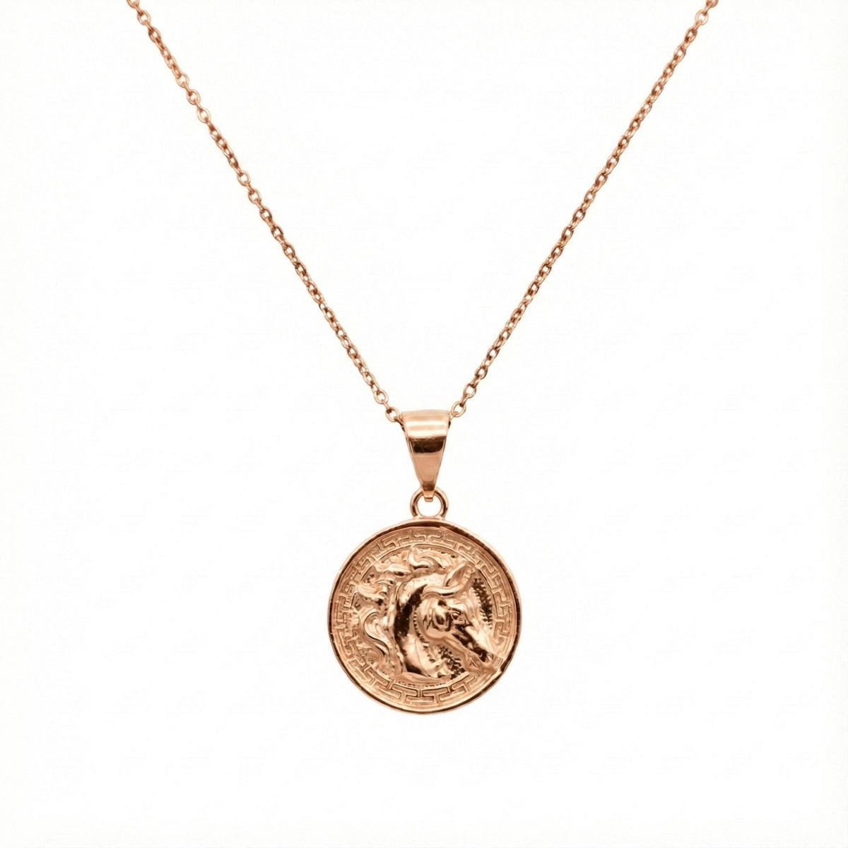 Horse Medallion Necklace detail, sterling silver horse close up
