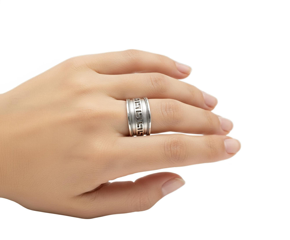 Greek Key Ring | Bold Wide Sterling Silver Greca Band | Unisex Meander Talisman