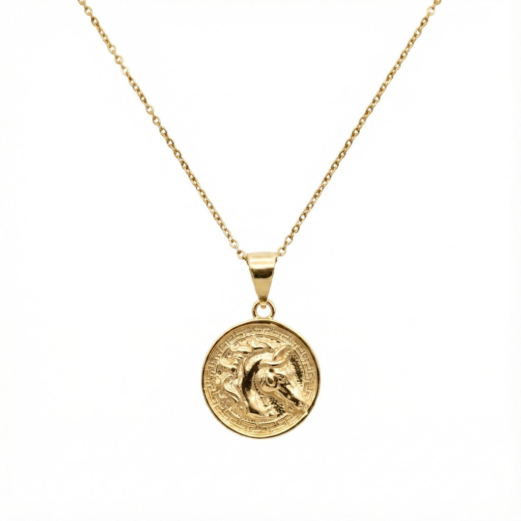 Horse Medallion Necklace | Sterling Silver Equestrian Pendant with Greek Key Border | Custom Engraved, in Yellow Gold Plated finish