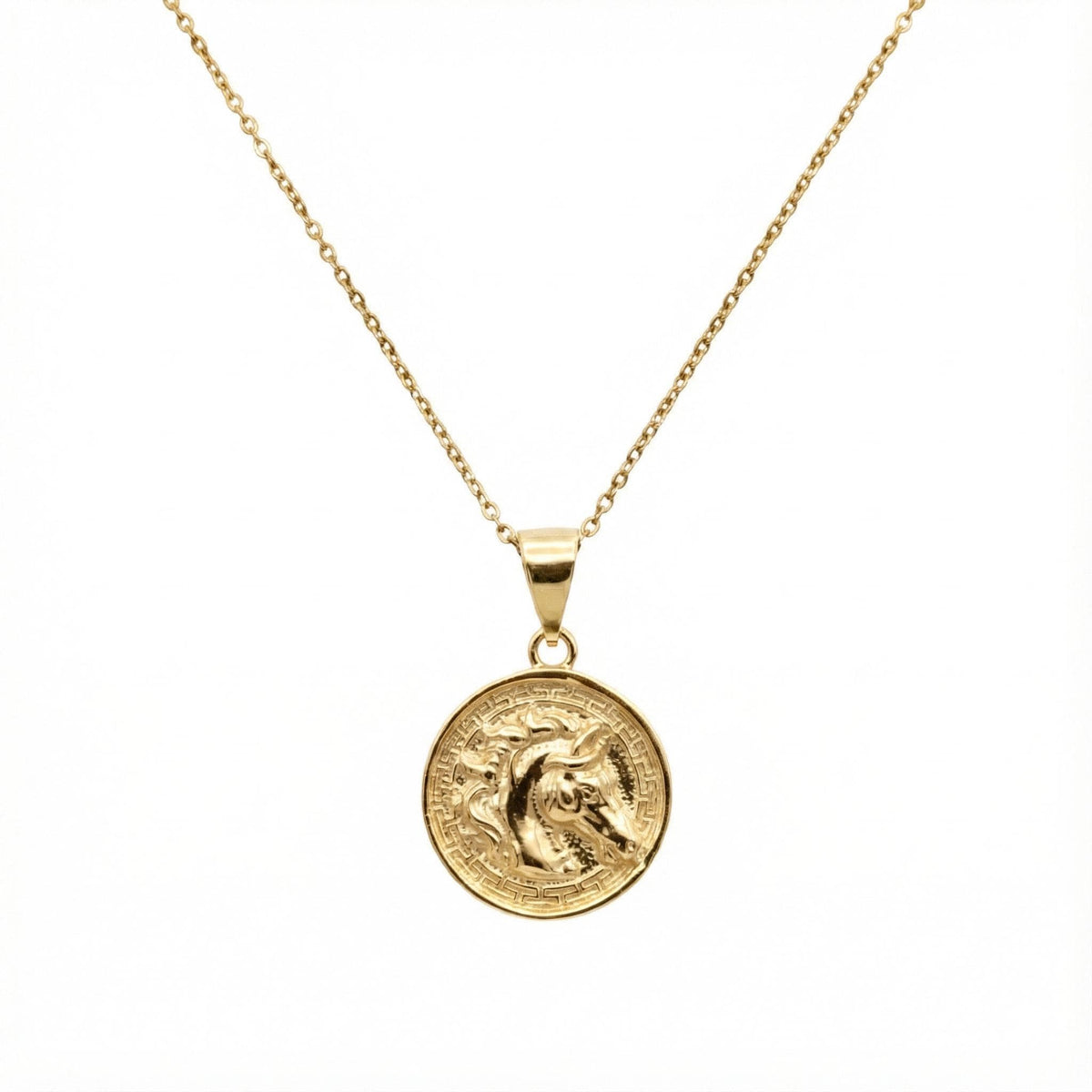 Horse Medallion Necklace | Sterling Silver Equestrian Pendant with Greek Key Border | Custom Engraved, in Yellow Gold Plated finish