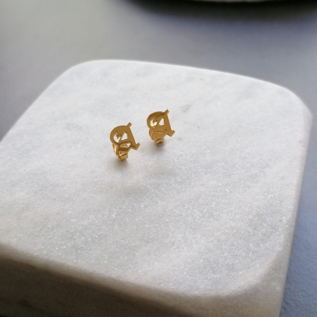 Initial Stud Earrings | Old English Lettering, additional detail