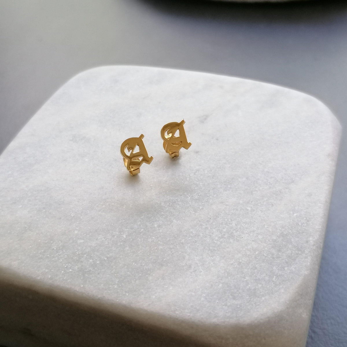 Initial Stud Earrings | Old English Lettering, additional detail