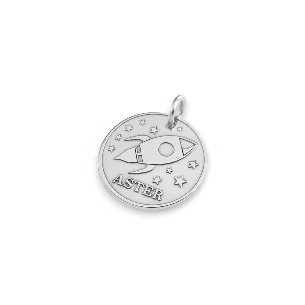 Rocket Dog Tag | Sterling Silver Custom Space Spaceship Pet ID Tag | Engraved Dog Tag, styled view