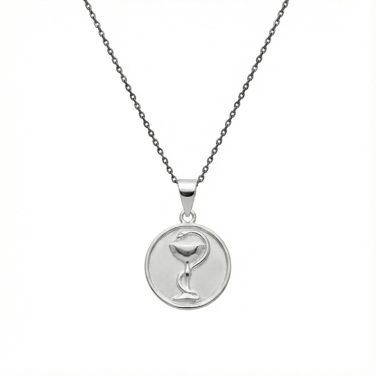 Bowl of Hygieia Medallion | Pharmacy & Healing Talisman, in White Gold Plated finish