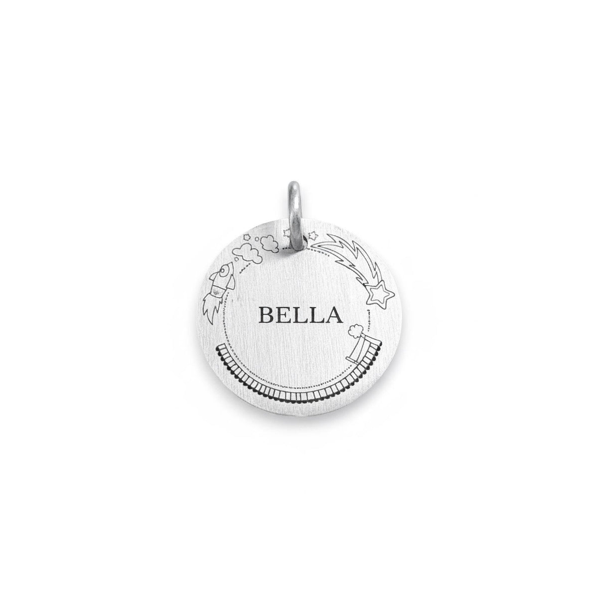 Rocket & Stars Dog Tag | Personalized Sterling Silver Space Pet ID Tag | Engraved Celestial Dog Charm, front view