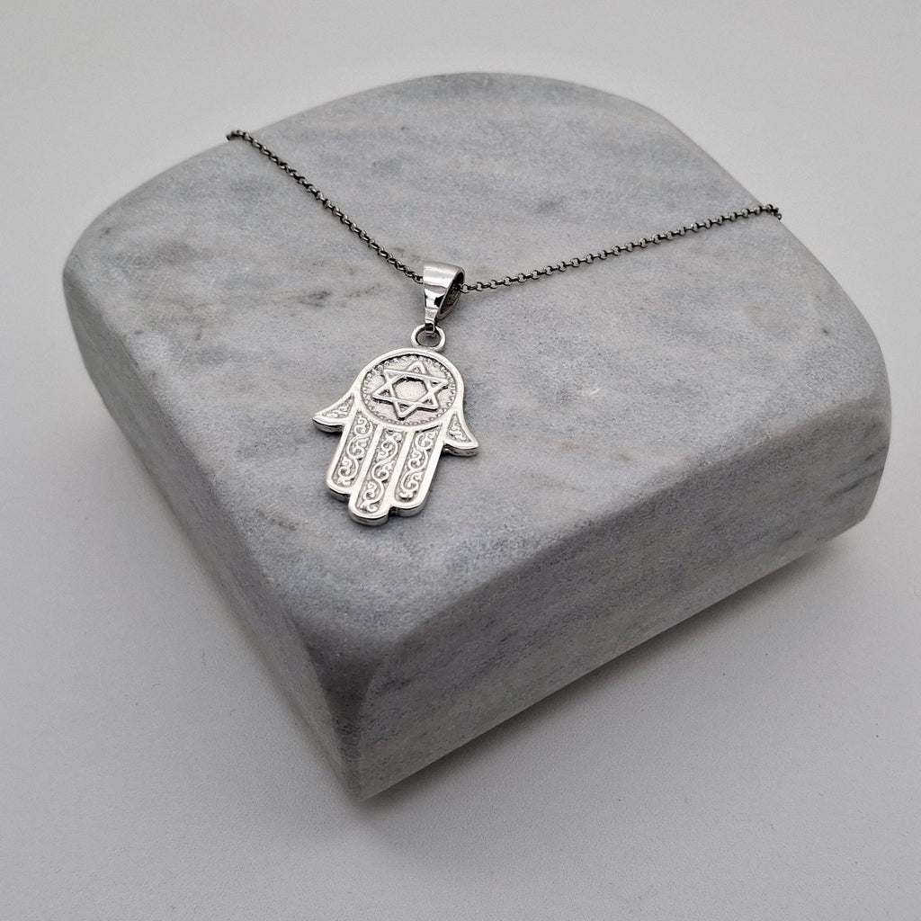 Hamsa Hand Star of David Necklace | Sterling Silver Jewish Protection Talisman | Sacred Magen David Pendant, close-up detail