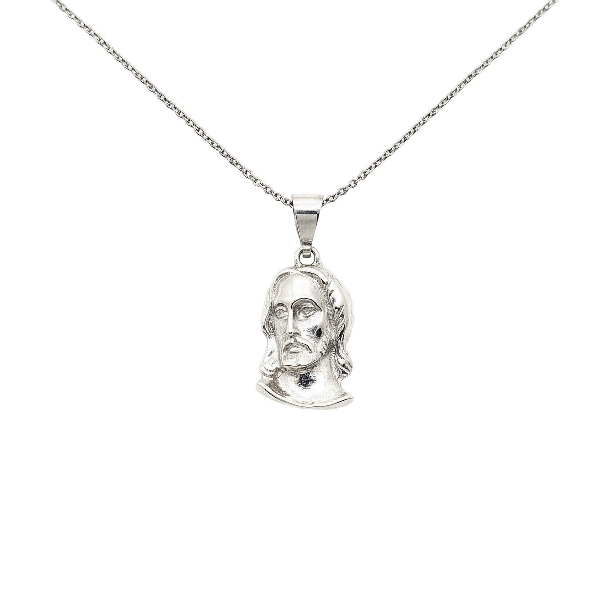 Jesus Christ Head Necklace | Detailed Christian Faith Pendant, in White Gold Plated finish