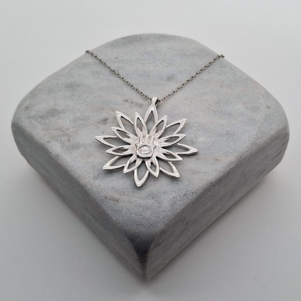Blooming Hamsa Hand Necklace | Sterling Silver Lotus Protection Charm | Hand of Miriam Talisman, additional detail