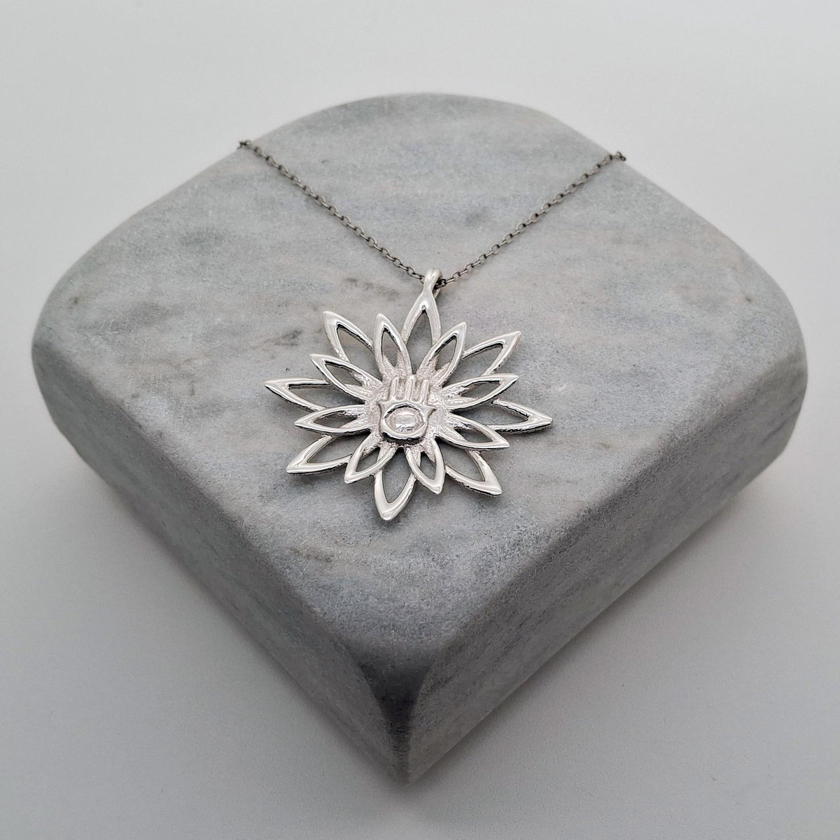 Blooming Hamsa Hand Necklace | Sterling Silver Lotus Protection Charm | Hand of Miriam Talisman, additional detail