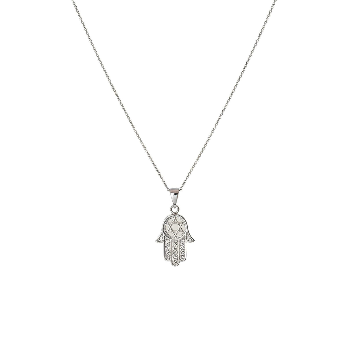 Hamsa Hand Star of David Necklace | Sterling Silver Jewish Protection Talisman | Sacred Magen David Pendant, front view