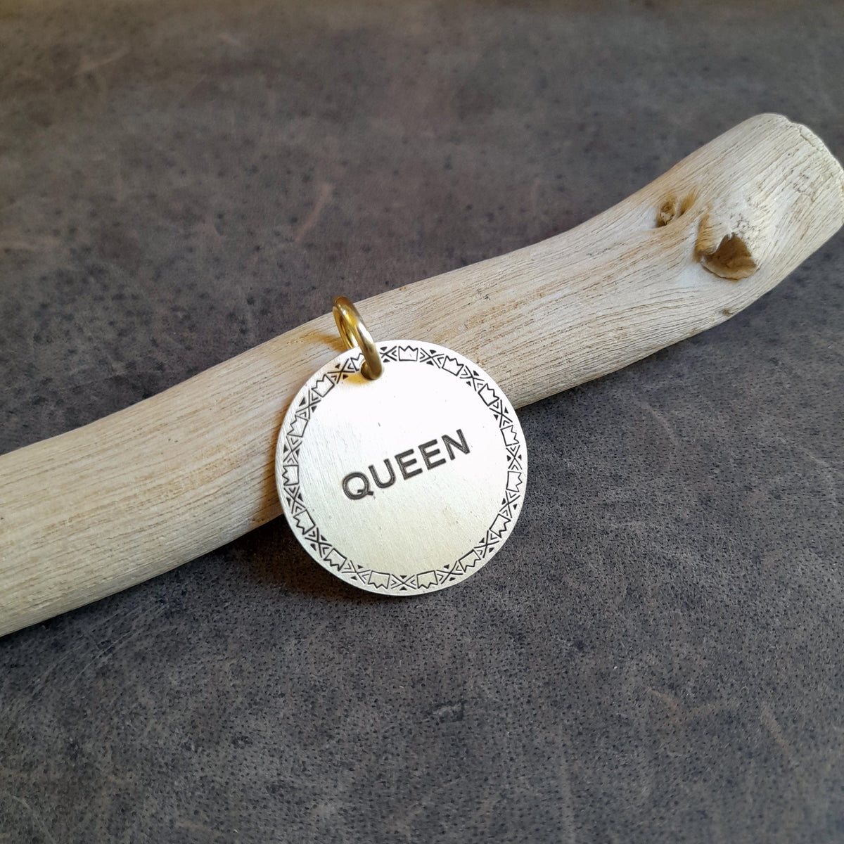 The Whimsical Queen Token | Artisan Boho Crown Pet ID & Custom Engraved Dog Tag, close-up detail