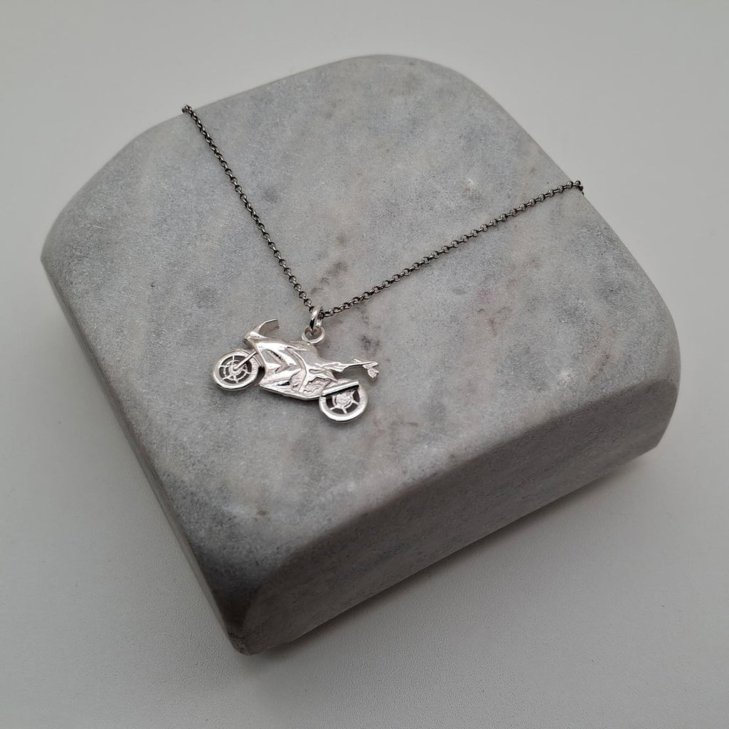 Motorcycle Pendant Necklace | Sterling Silver Sportbike Charm | Superbike Biker Jewelry, front view