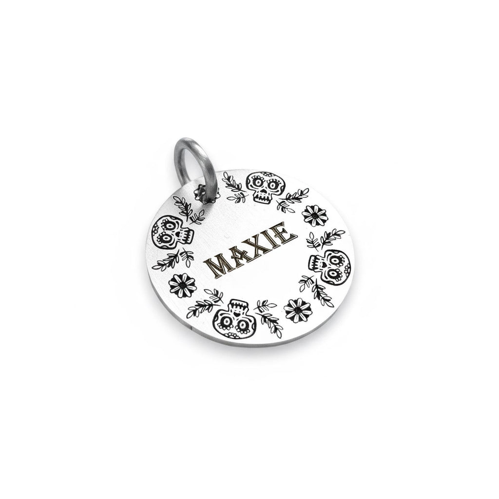 Sugar Skull Dog Tag | Custom Engraved Floral Pet ID, front view