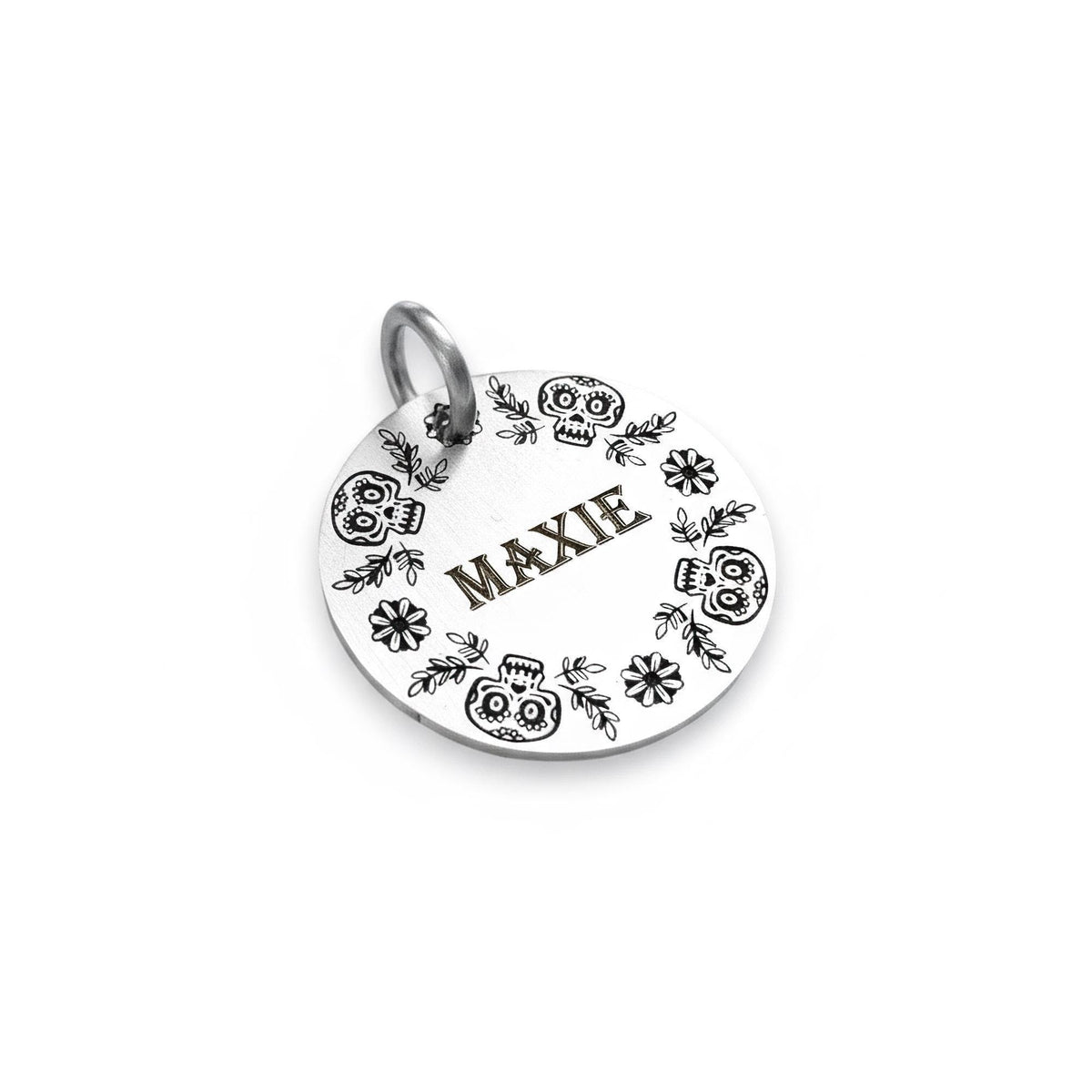 Sugar Skull Dog Tag | Custom Engraved Floral Pet ID, front view