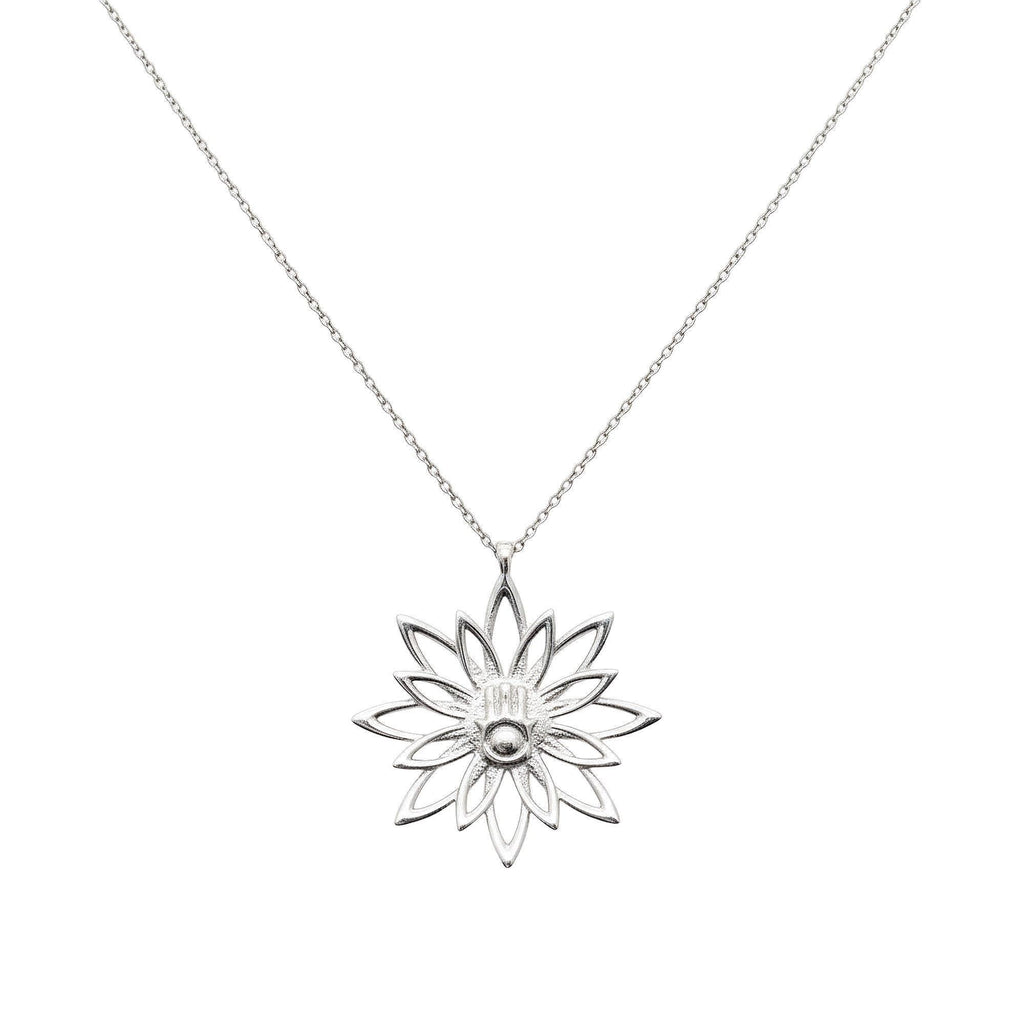 Blooming Hamsa Hand Necklace | Sterling Silver Lotus Protection Charm | Hand of Miriam Talisman, front view