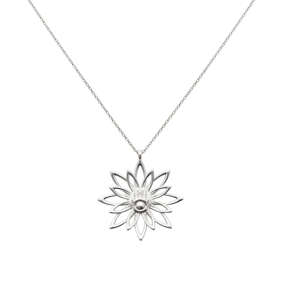 Blooming Hamsa Hand Necklace | Sterling Silver Lotus Protection Charm | Hand of Miriam Talisman, front view