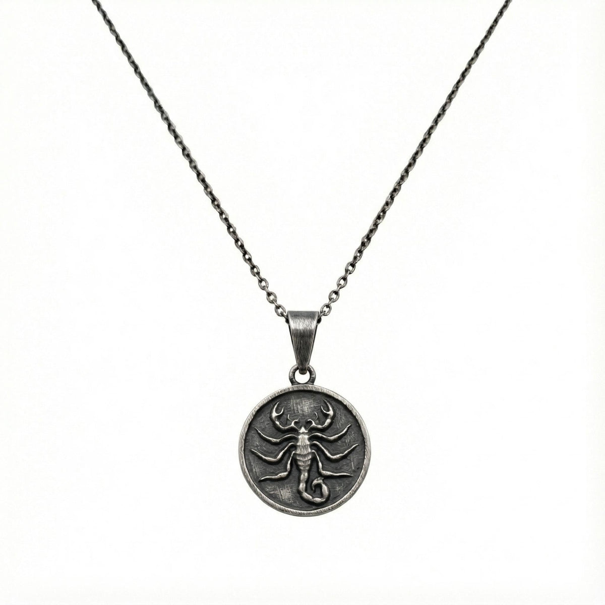 Scorpion Medallion Necklace | Scorpio Zodiac Talisman, in Oxidized Silver 925 finish