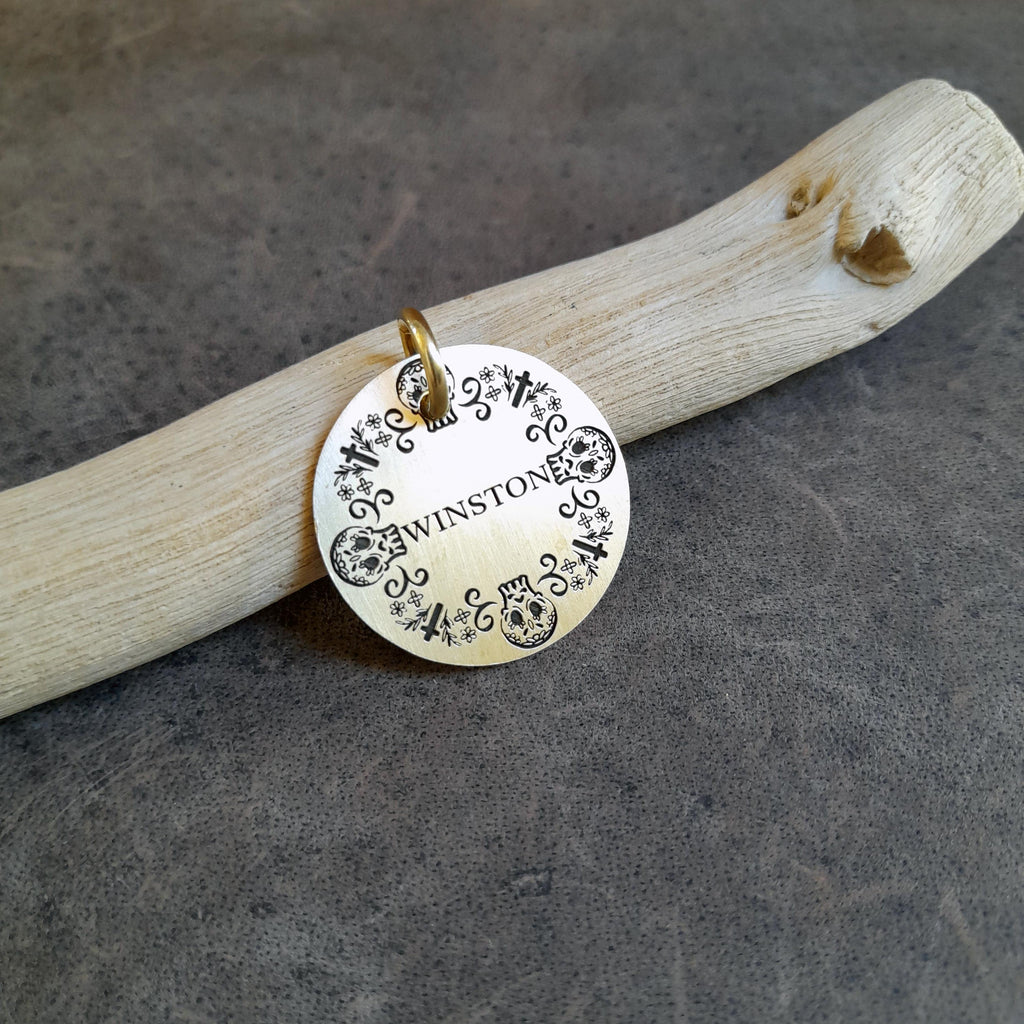 The Calavera Spirit Token | Artisan Sugar Skull Pet ID & Custom Engraved Dog Tag, close-up detail