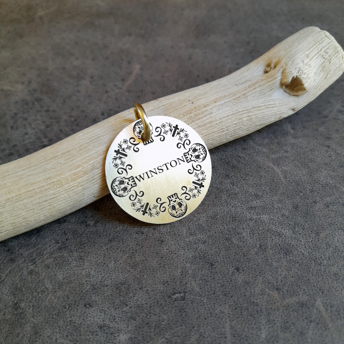The Calavera Spirit Token | Artisan Sugar Skull Pet ID & Custom Engraved Dog Tag, close-up detail