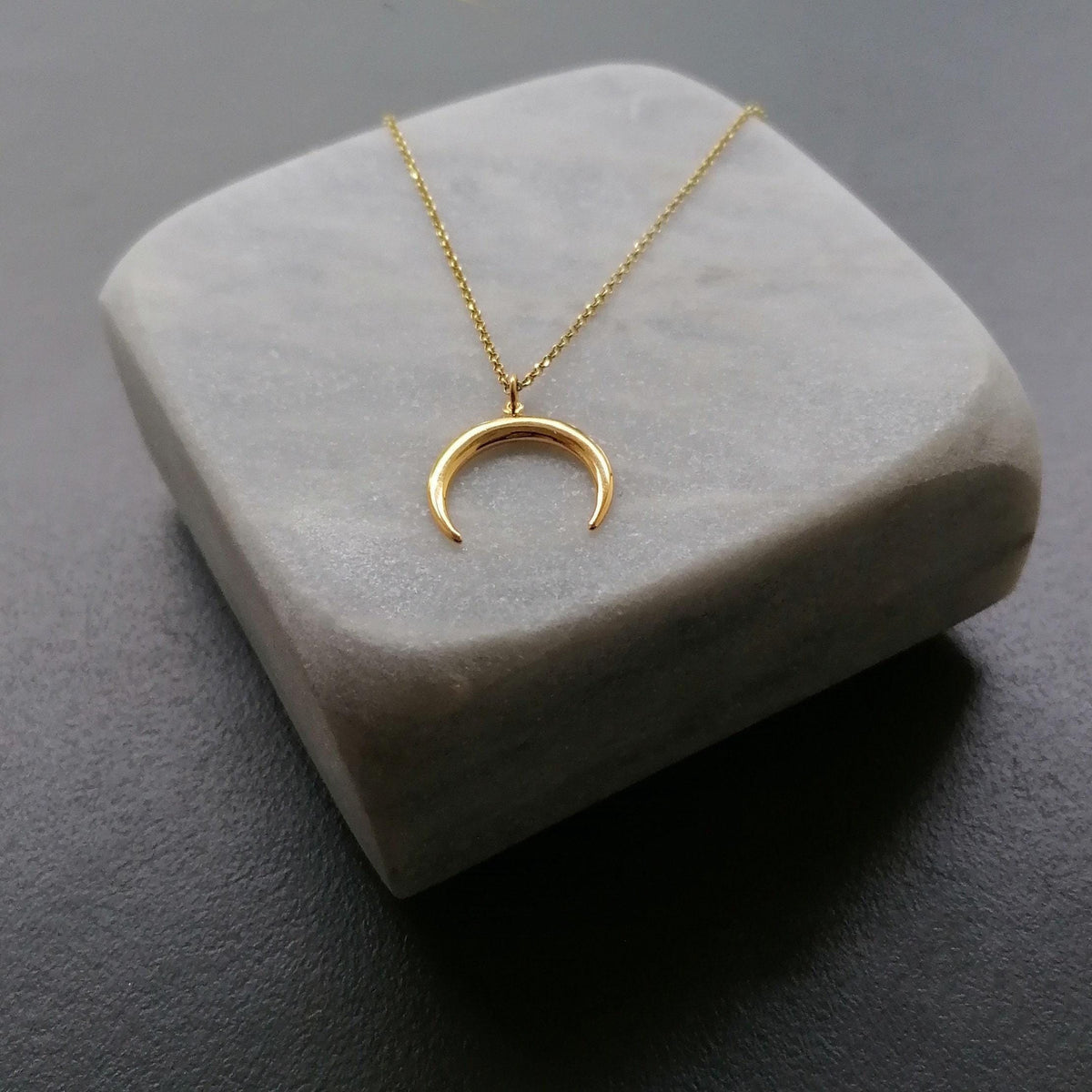 Double Horn Necklace | 14K Solid Gold Crescent Moon Pendant | Protection Charm