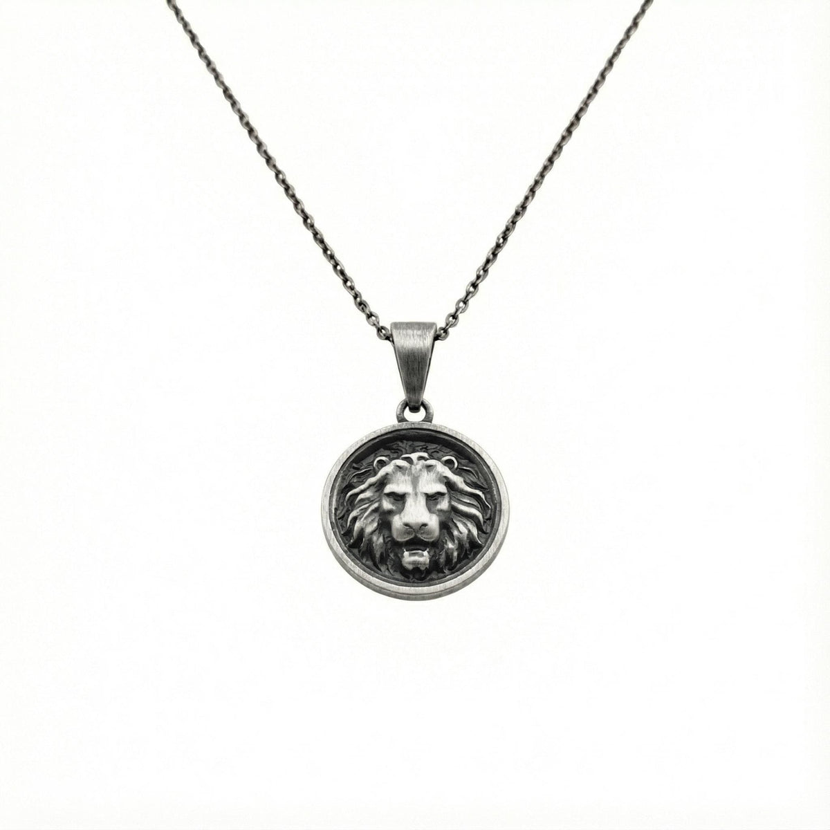Lion Head Medallion | Leo Strength & Courage Talisman, in Oxidized Silver 925 finish