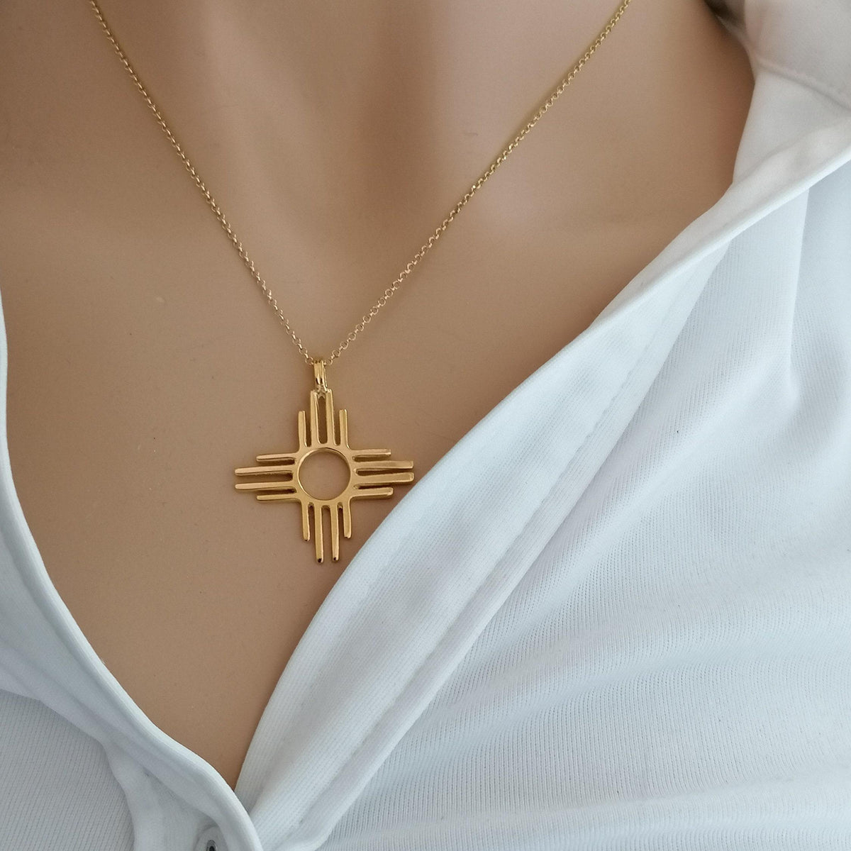 Zia Sun Necklace | Solid Gold Sacred Symbol Pendant | Southwestern Balance Talisman, alternate angle