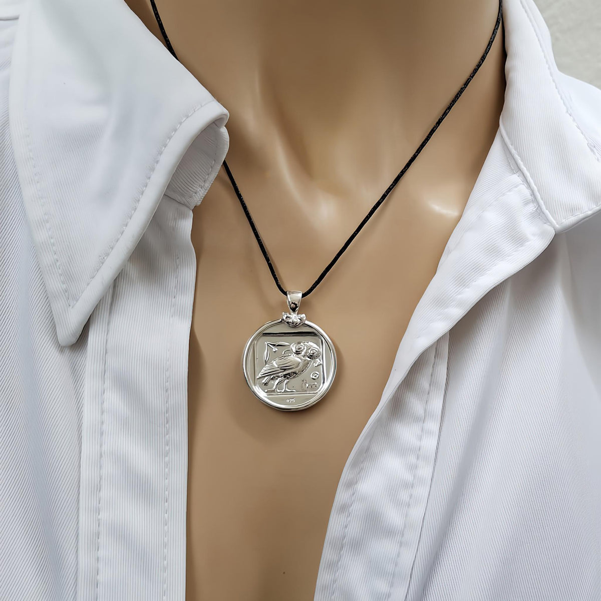 Athenian Owl Tetradrachm Necklace | Ancient Greek Wisdom Coin, close-up detail