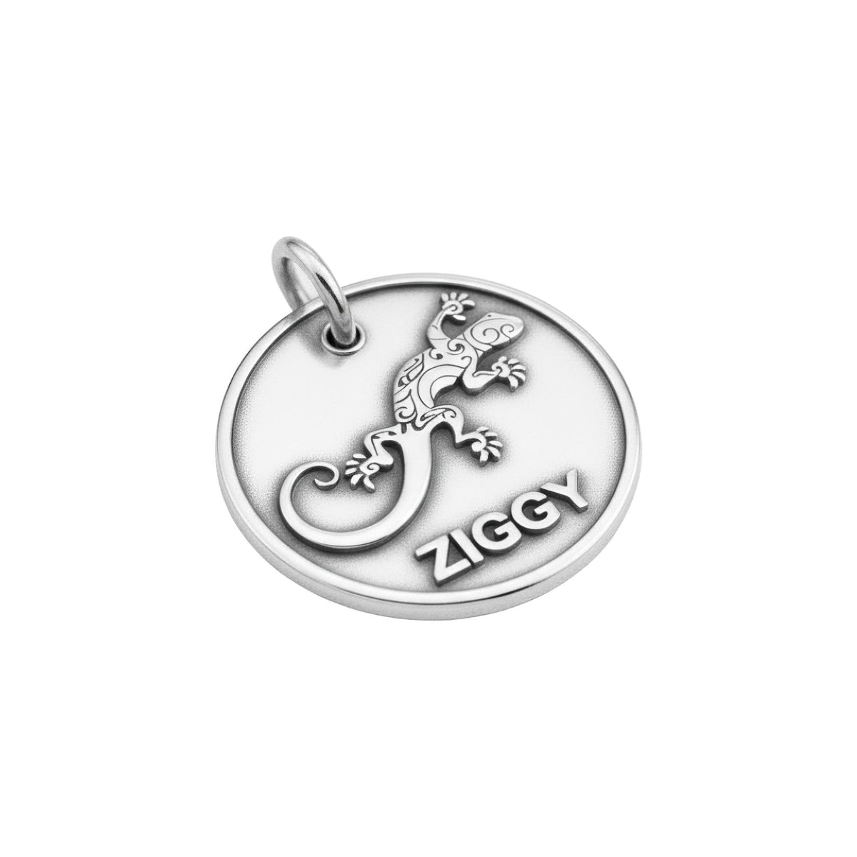 Gecko Dog Tag | Personalized Sterling Silver Dog ID Tag | Engraved Pet Name Tag, close-up detail