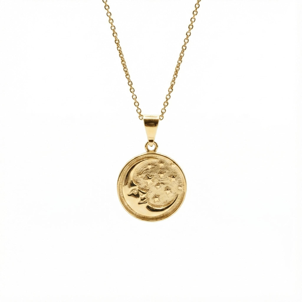 Celestial Medallion Necklace | Moon & Stars Talisman, in Yellow Gold Plated finish