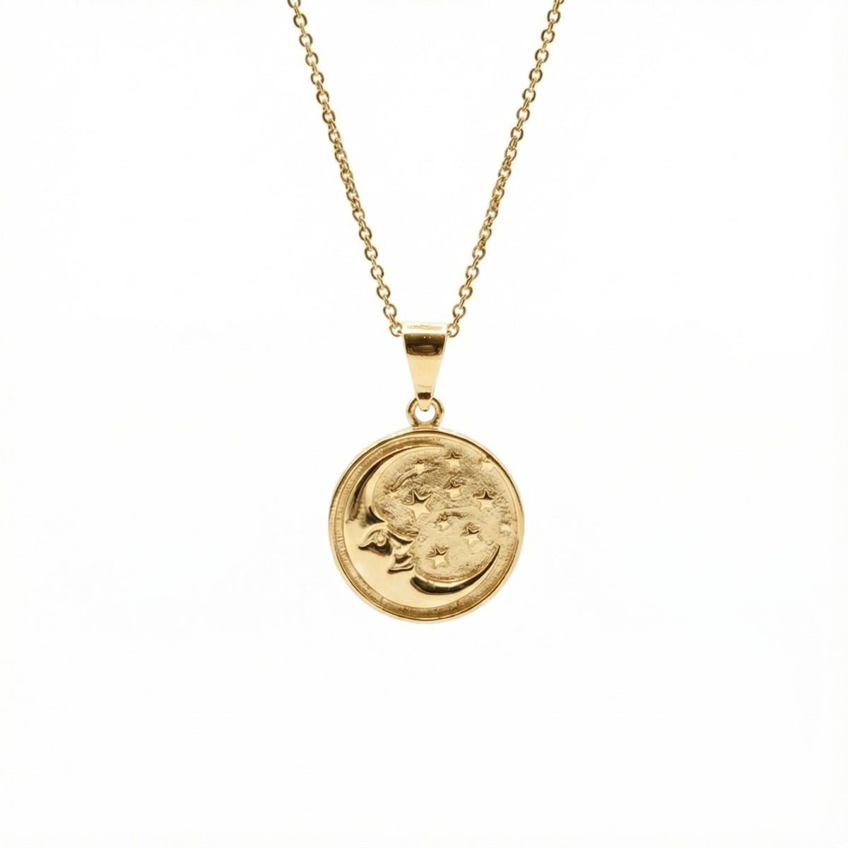 Celestial Medallion Necklace | Moon & Stars Talisman, in Yellow Gold Plated finish