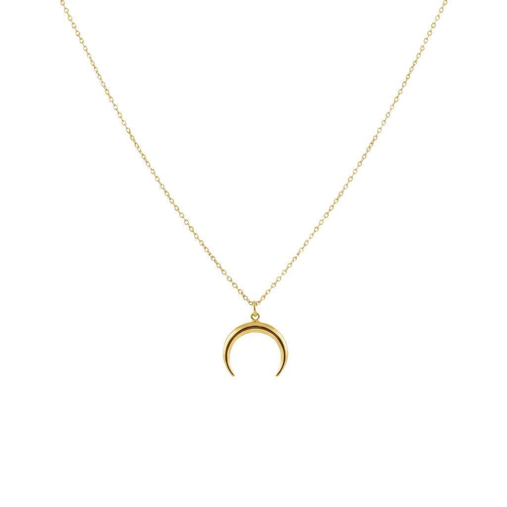 Double Horn Necklace | 14K Solid Gold Crescent Moon Pendant | Protection Charm, front view