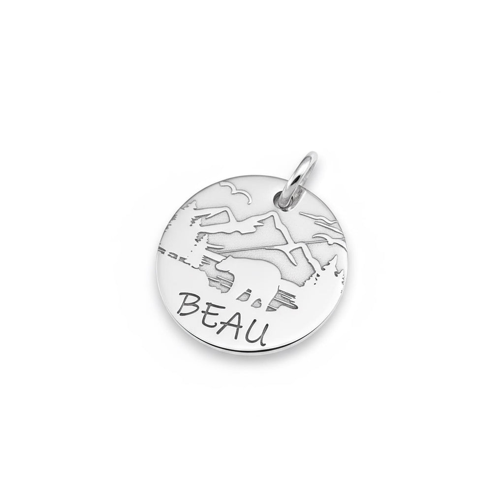 Adventure Bear Dog Tag, sterling silver personalized pet ID with engraved bear design