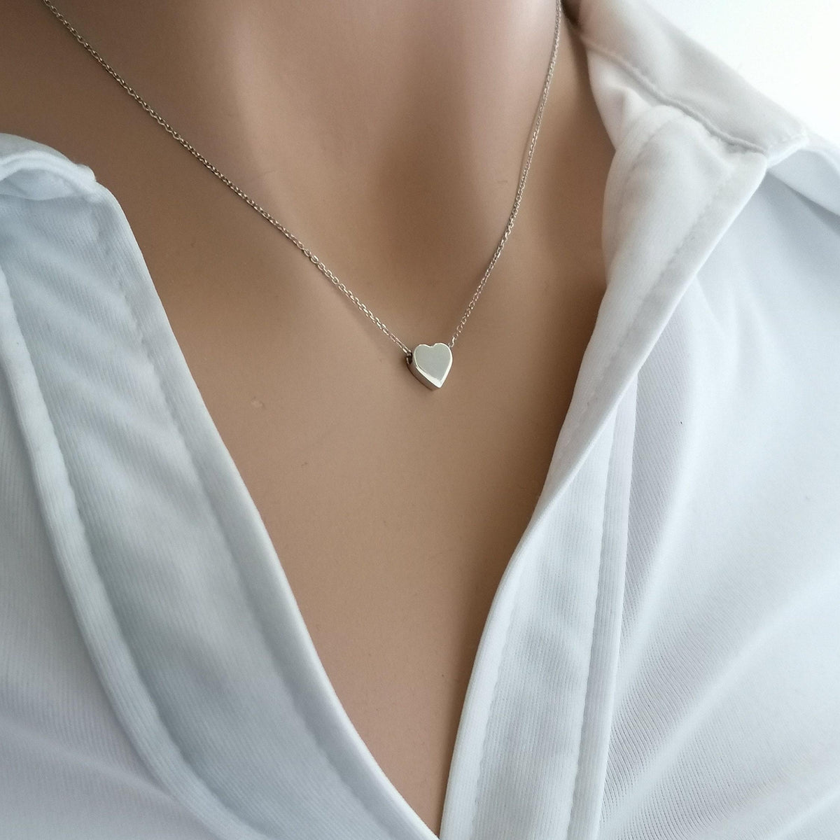 Silver Heart Necklace, Dainty Love Charm, Minimalist Pendant (925 Sterling), front view