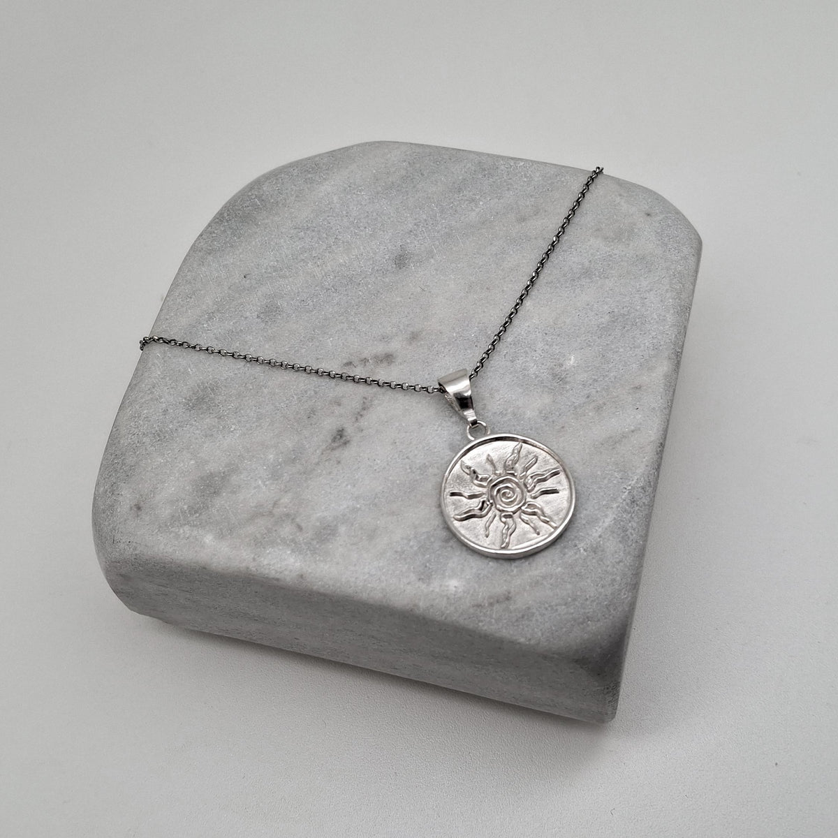 Sterling Silver Sun Necklace - Tribal Spiral Medallion Charm, front view