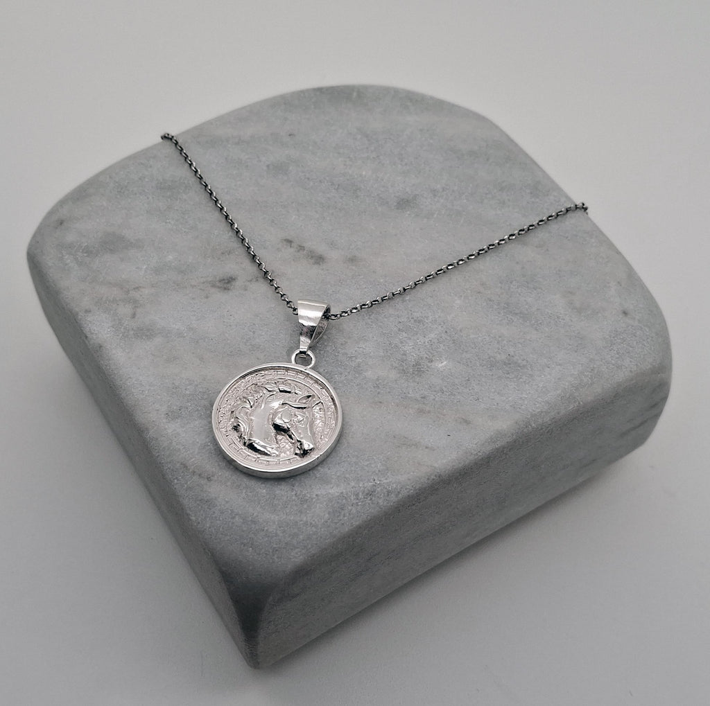 Horse Medallion Necklace | Sterling Silver Equestrian Pendant with Greek Key Border | Custom Engraved, alternate angle